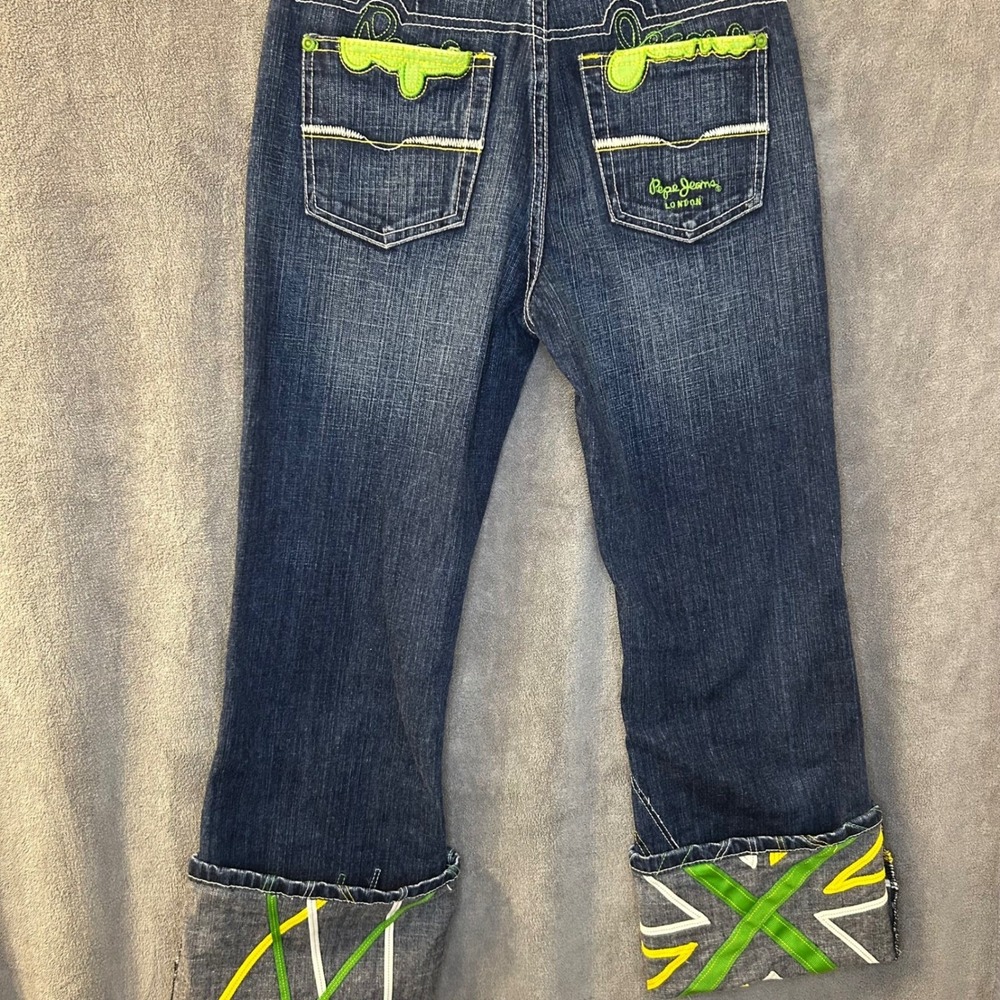 VTG Y2K Pepe Jeans London Juniors SZ 14 Denim Lime Green Union Jack Cuffed Jeans
